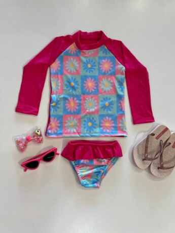 Biquíni Infantil Blusa Estampada Flor e Calcinha Pink Fernanda Ramos Kids