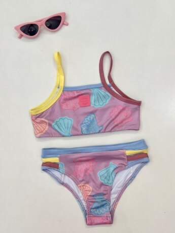 Biquíni Infantil Top e Calcinha Estampa com Glitter Conchas Fernanda Ramos Kids