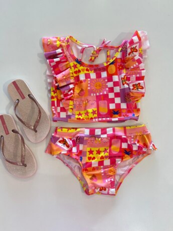 Biquíni Infantil Top e Calcinha Estampa Xadrez Colorido Fernanda Ramos Kids