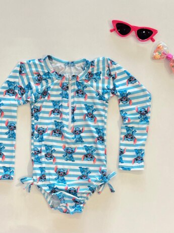 Maiô Infantil Manga Longa Estampado Listrado Azul Fernanda Ramos Kids