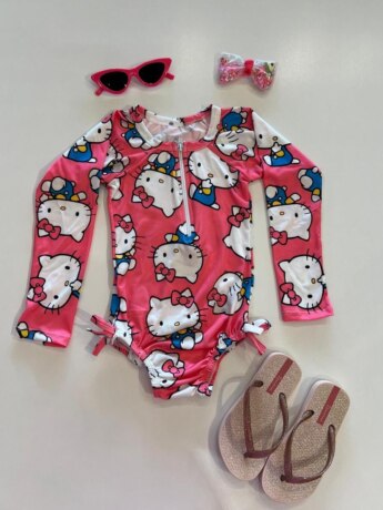 Maiô Infantil Manga Longa Estampado com Zíper Rosa Fernanda Ramos Kids
