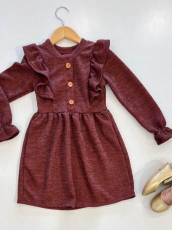 Vestido Infantil Feminino Manga Longa Babado Marsala Fernanda Ramos Kids