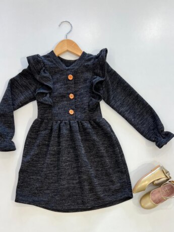 Vestido Infantil Feminino Manga Longa Com Babado Preto Fernanda Ramos Kids