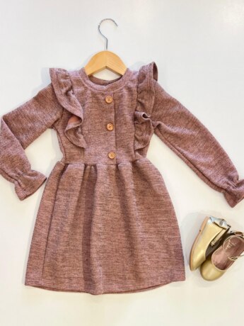 Vestido Infantil Feminino Manga Longa Com Babado Rose Fernanda Ramos Kids