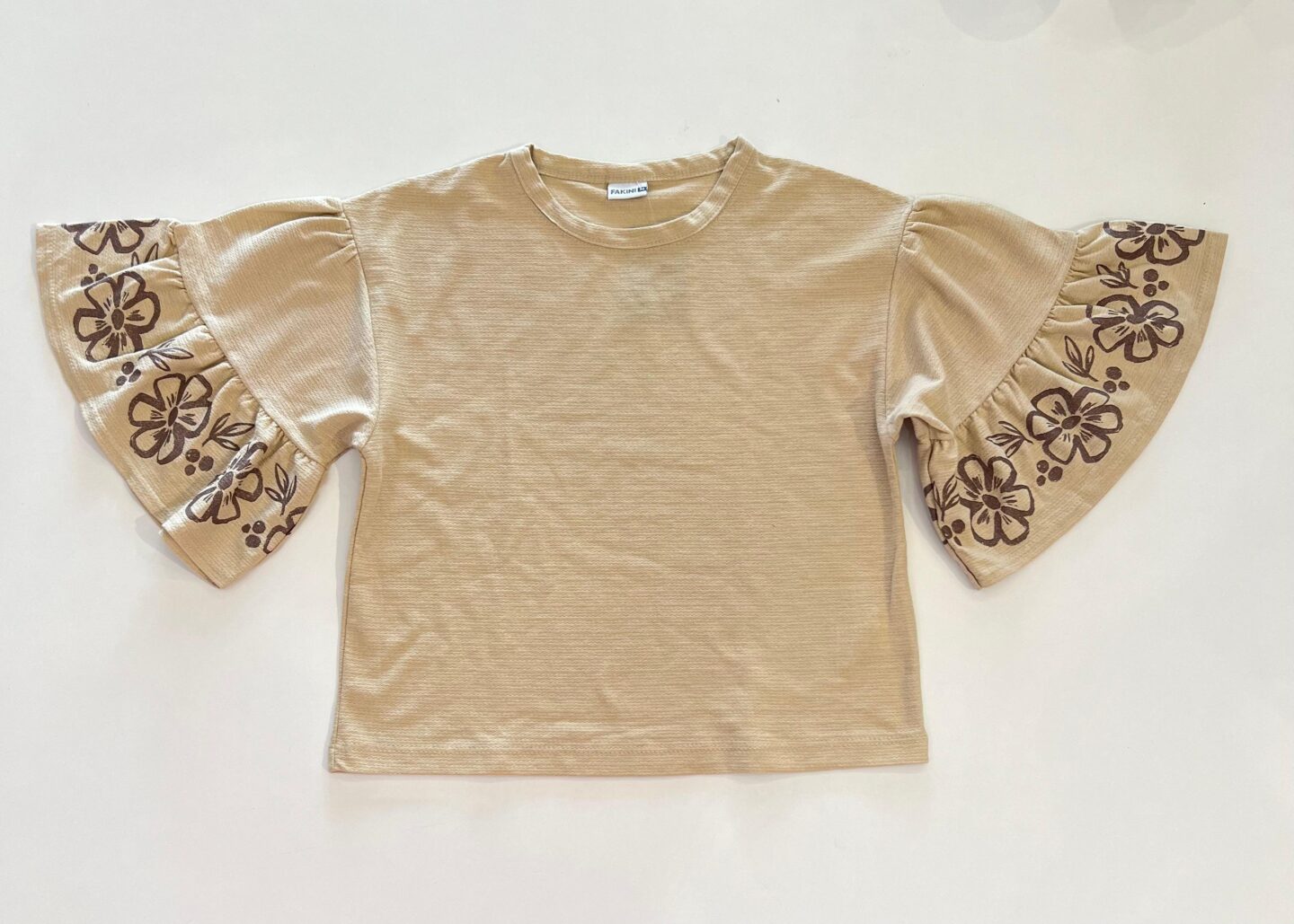 Blusa Cropped Infantil Feminino Manga com Flores Bege Fernanda Ramos Kids