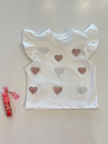 Blusa Infantil Feminina Manga Curta Canelada Corações Fernanda Ramos Kids
