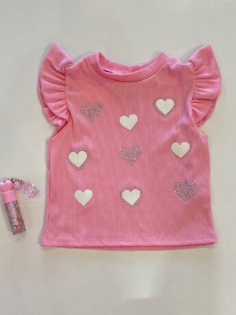 Blusa Infantil Feminina Manga Curta Canelada Corações Rosa Fernanda Ramos Kids