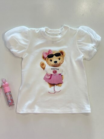 Blusa Infantil Feminina Manga Curta Ursinho Off White Fernanda Ramos Kids