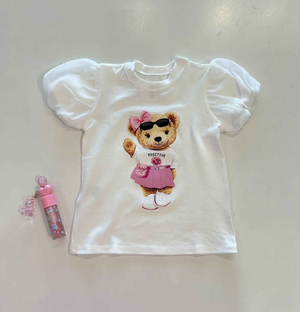 Blusa Infantil Feminina Manga Curta Ursinho Off White Fernanda Ramos Kids