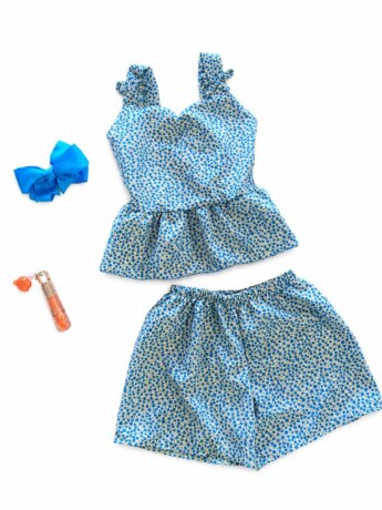 Conjunto Infantil Feminino Blusa Bata Florida e Short Azul Fernanda Ramos Kids