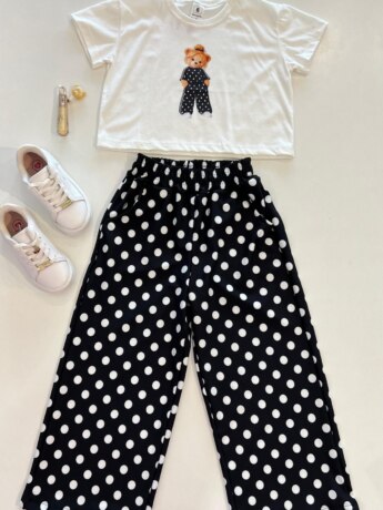 Conjunto Infantil Feminino Blusa Cropped Calça Poá Fernanda Ramos Kids