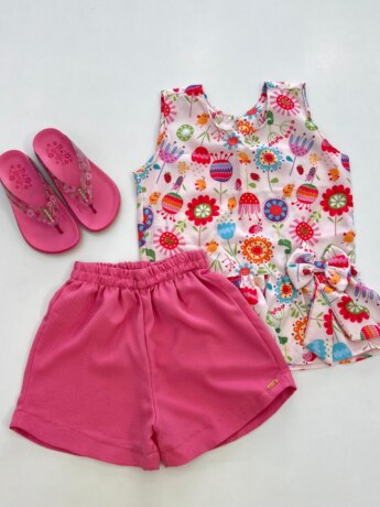 Conjunto Infantil Feminino Blusa Regata Jardim e Short Rosa Fernanda Ramos Kids