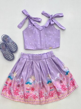 Conjunto Infantil Feminino Cropped com Látex e Saia Lilás Fernanda Ramos Kids
