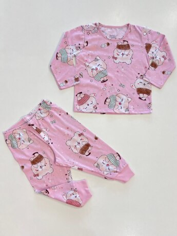 Pijama Infantil Feminino Blusa Manga Longa Gatinhos e Calça Rosa Fernanda Ramos Kids