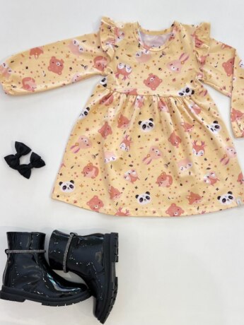 Vestido Infantil Feminino Manga Longa Babado Animais Amarelo Fernanda Ramos Kids