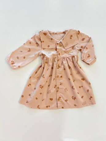 Vestido Infantil Feminino Manga Longa Estampa Folhas Veludo Bege Fernanda Ramos Kids