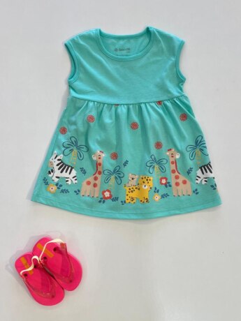 Vestido Infantil Feminino Rodado Animais Verde Agua Fernanda Ramos Kids